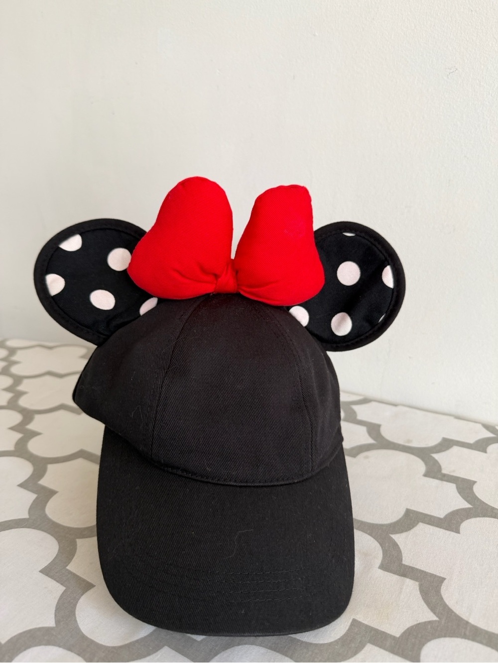 Disney Black Minnie Mouse Ear Hat with Red Bow and White Polka Dots